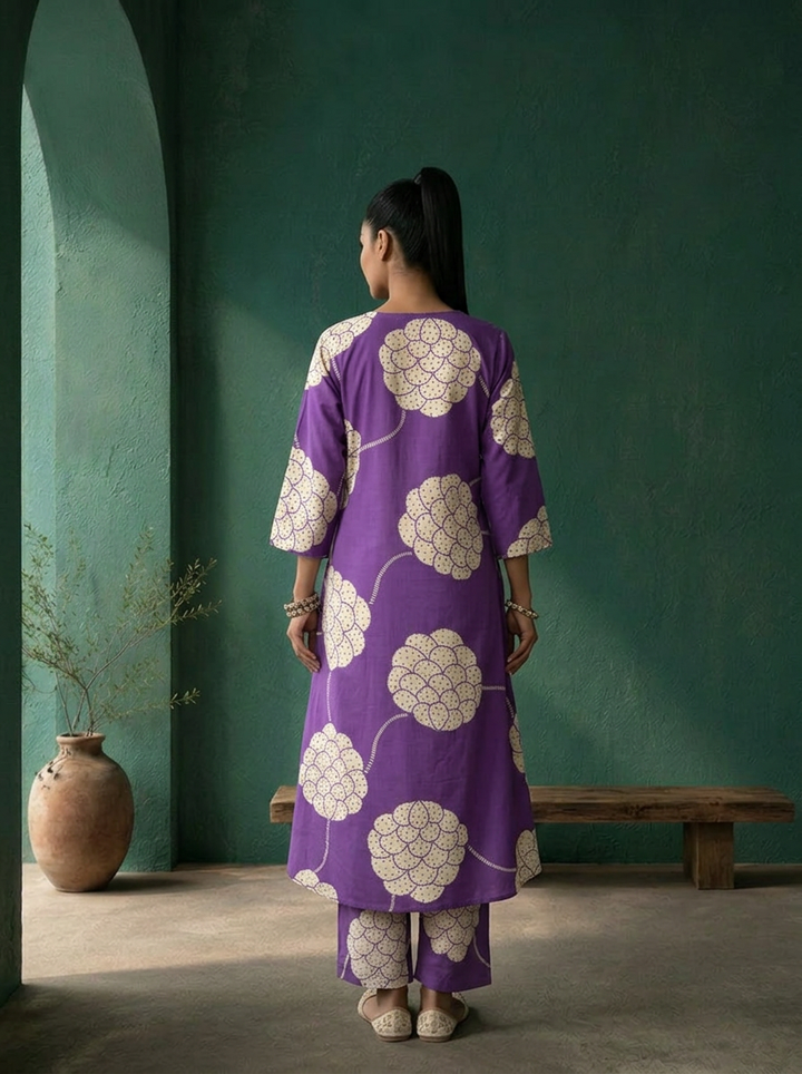 Purple Cotton  Large Floral Abstract Printed Two Piece Set
