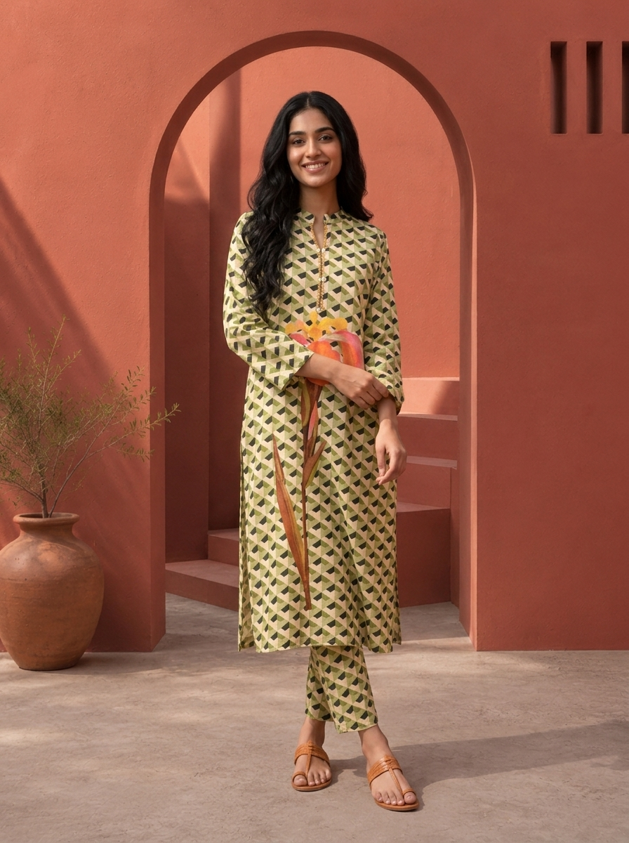 Pista Cotton Geometric With Large Iris Placement Printed Two Piece Set