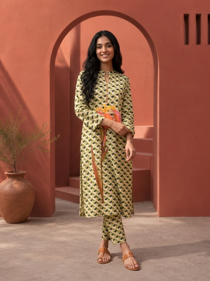 Pista Cotton Geometric With Large Iris Placement Printed Two Piece Set