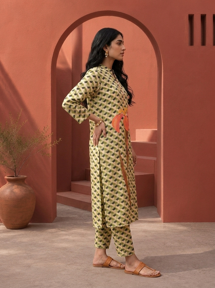 Pista Cotton Geometric With Large Iris Placement Printed Two Piece Set
