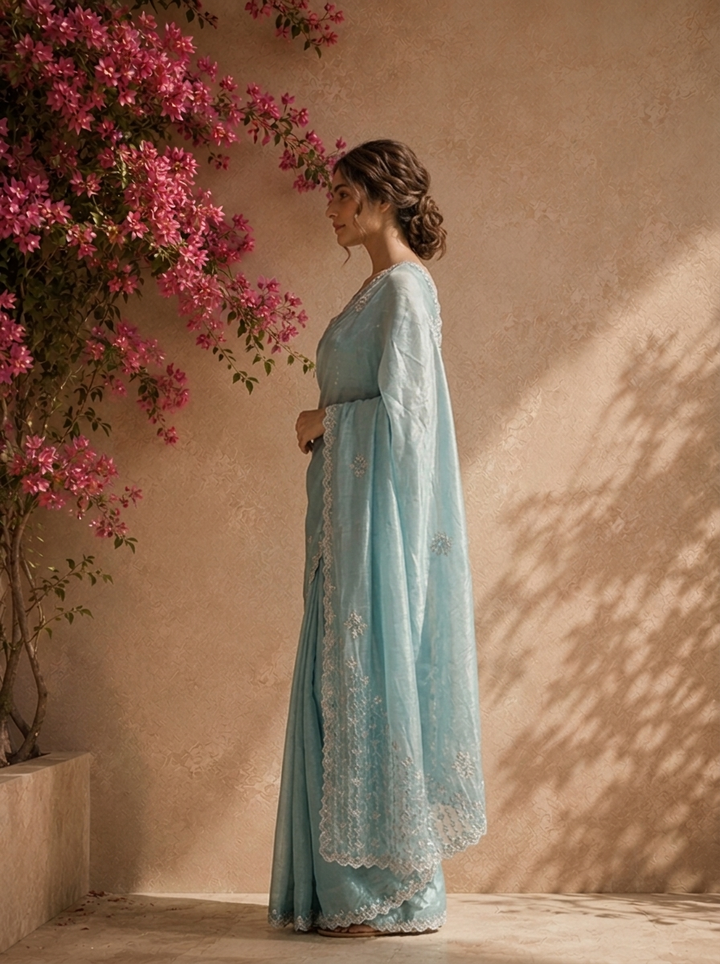 Sea Green Organza Scattered Stone Embroidered Saree With Scallop Border