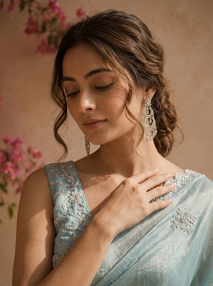 Sea Green Organza Scattered Stone Embroidered Saree With Scallop Border