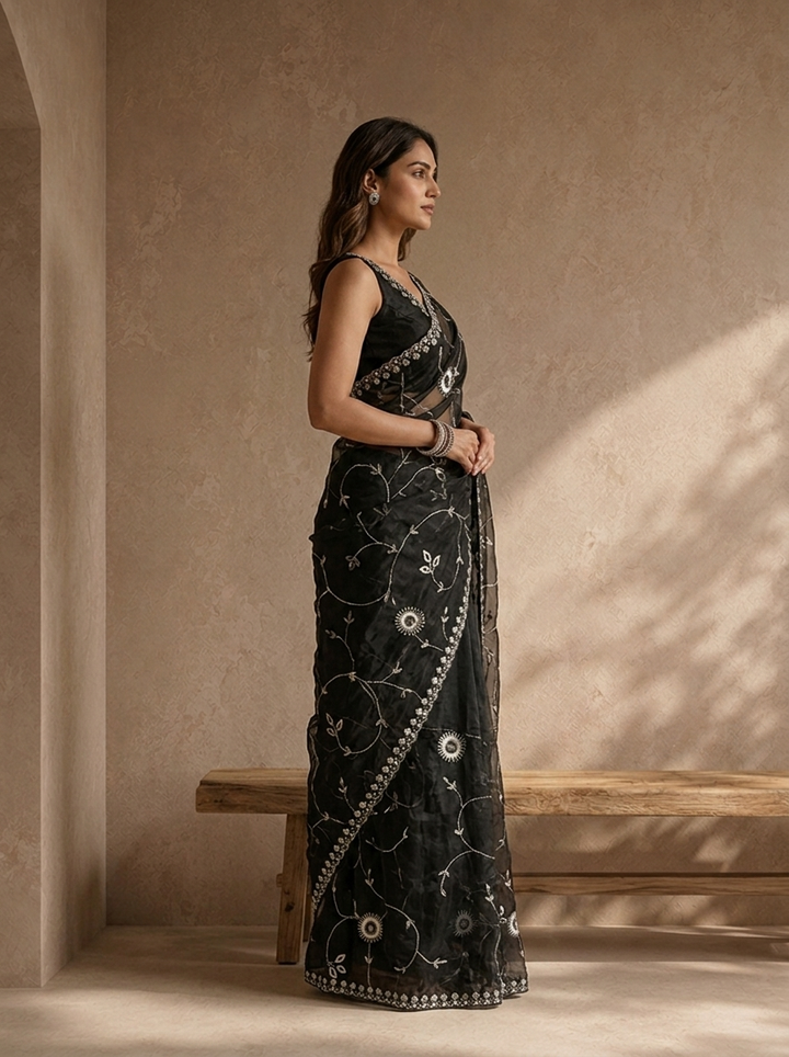 Black Organza Mirror And Stone Embroidered Saree With Embellished Border