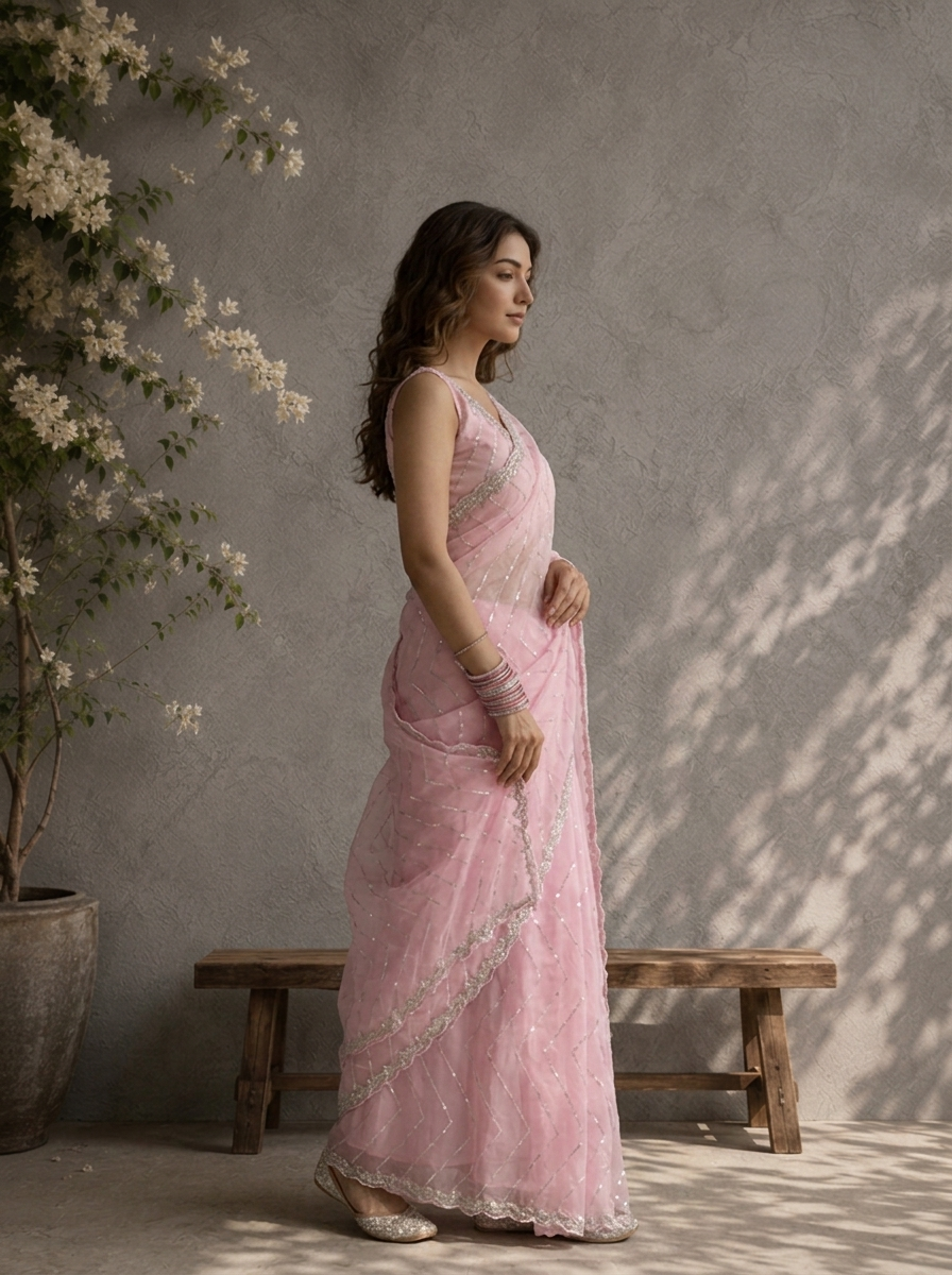 Baby Pink Organza Sequin Embroidered Saree