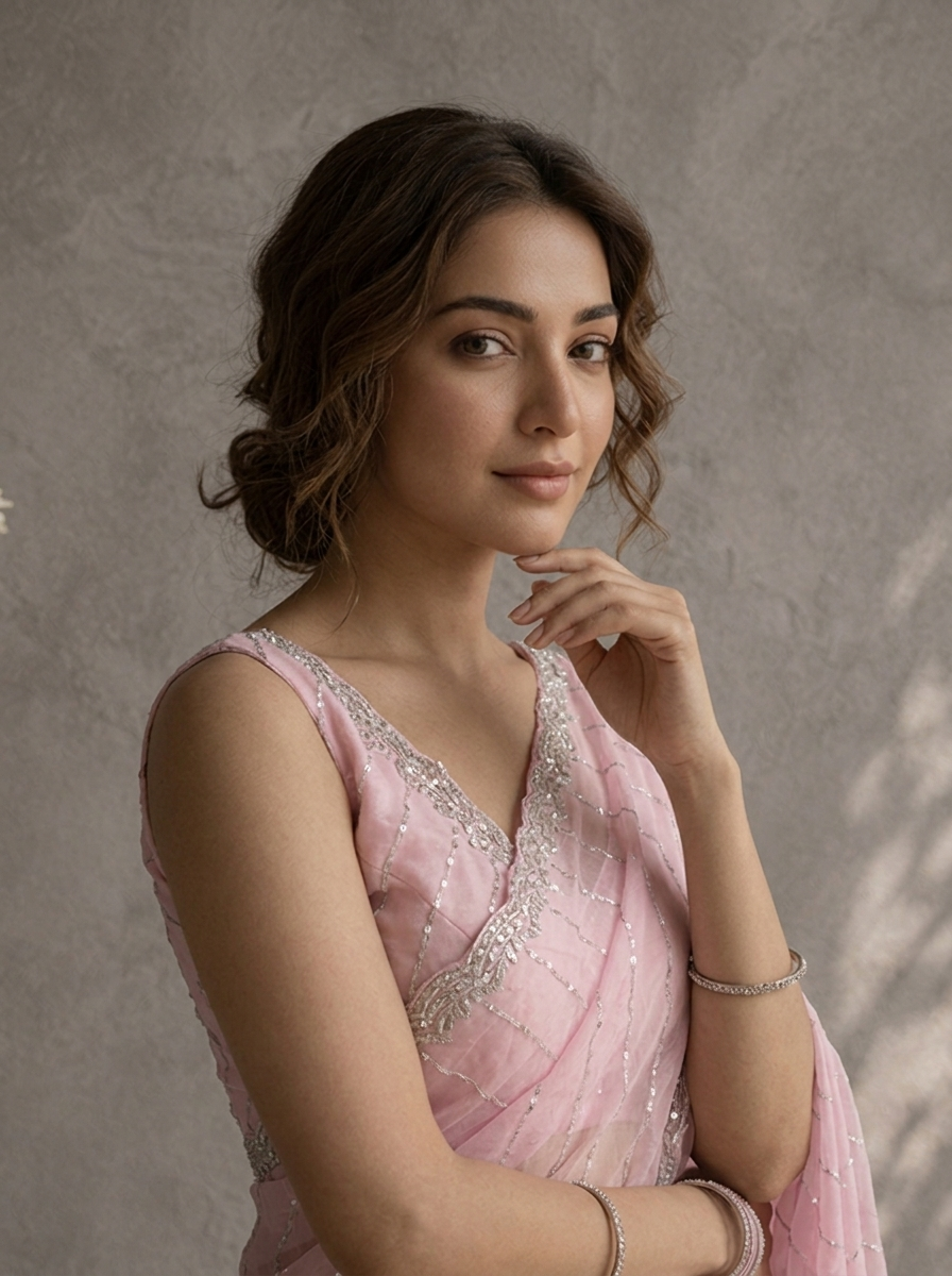 Baby Pink Organza Sequin Embroidered Saree