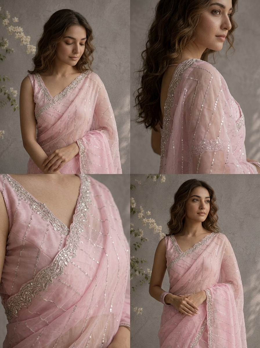 Baby Pink Organza Sequin Embroidered Saree