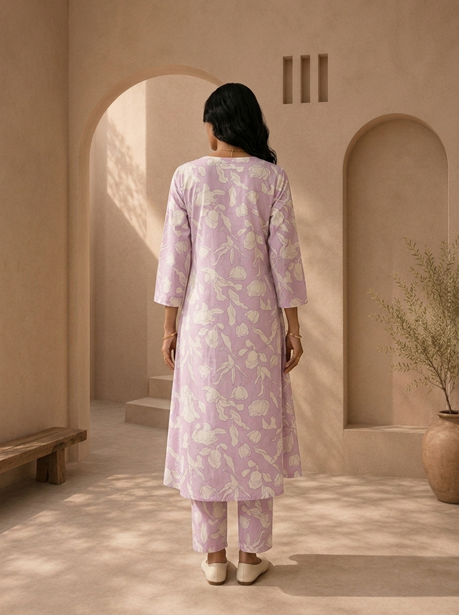 Lilac Cotton Line-Art Tulip Floral Printed Two Piece Set