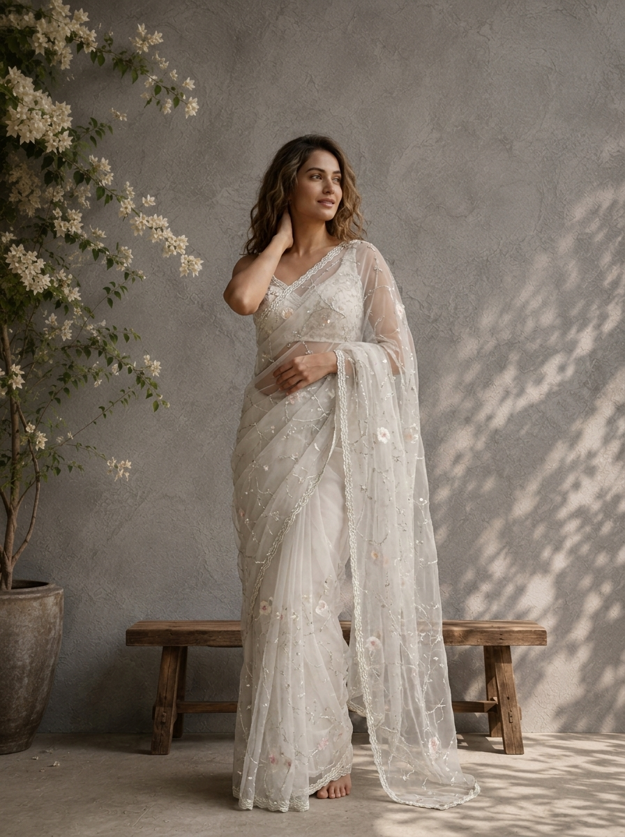 Off White Organza Bead Embroidered Saree