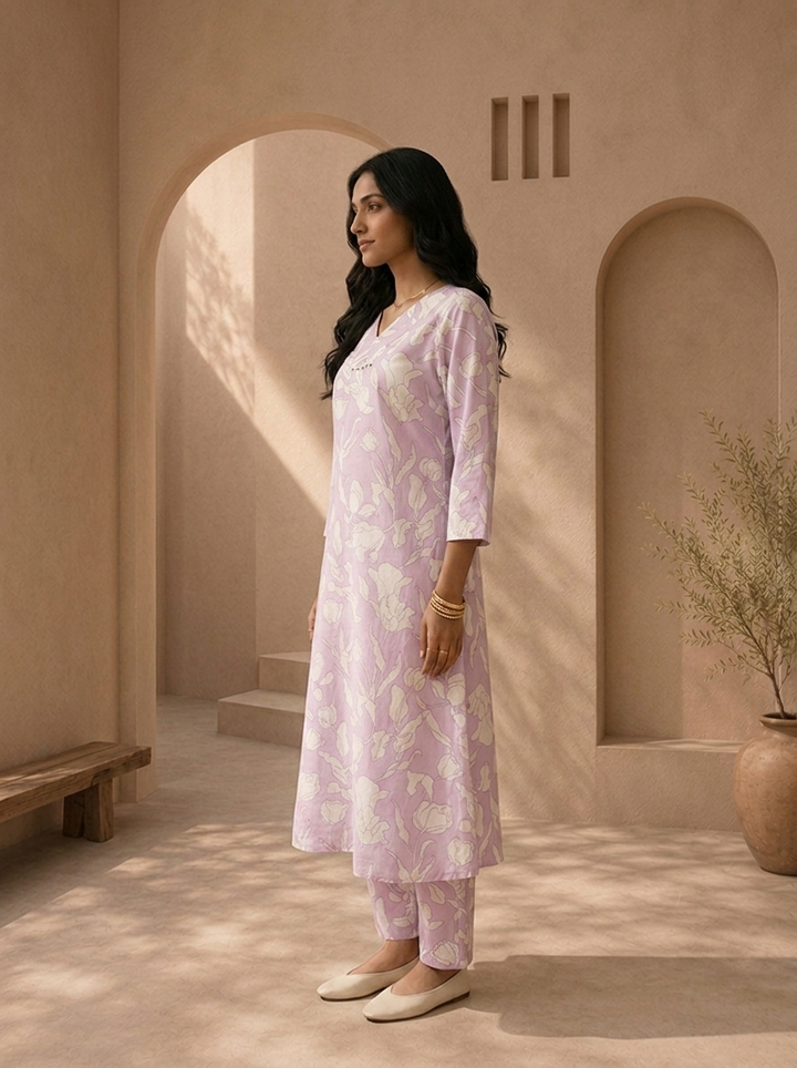 Lilac Cotton Line-Art Tulip Floral Printed Two Piece Set