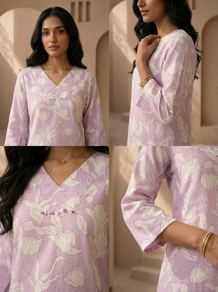 Lilac Cotton Line-Art Tulip Floral Printed Two Piece Set