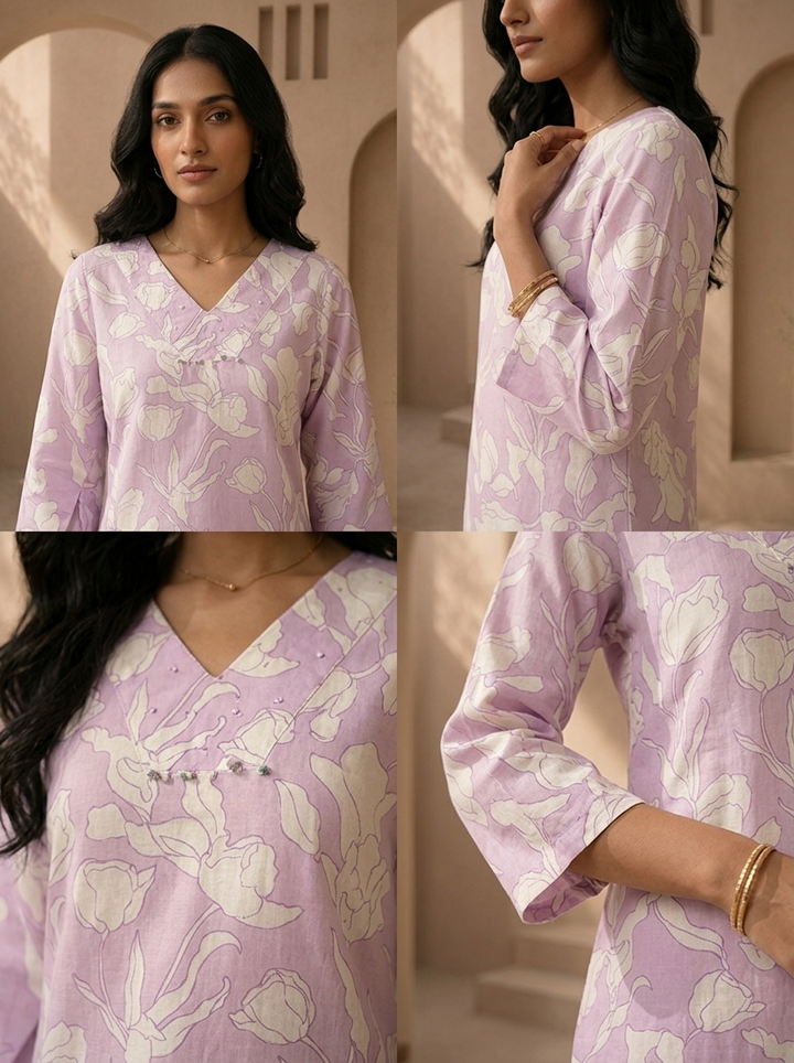 Lilac Cotton Line-Art Tulip Floral Printed Two Piece Set