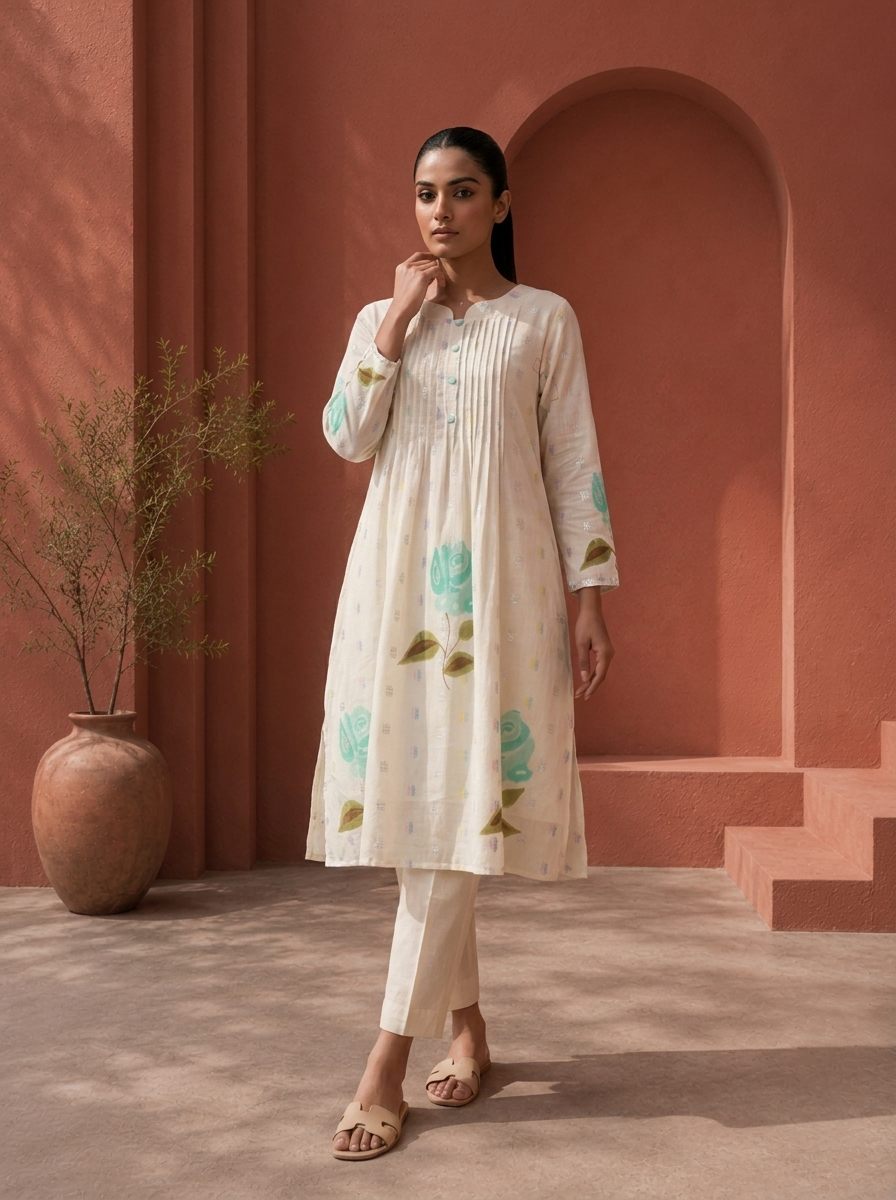 Off White Cotton Hand-Painted Floral Printed Two Piece Set