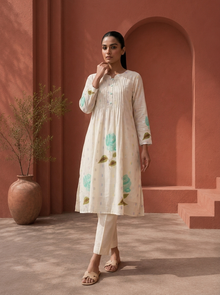 Off White Cotton Hand-Painted Floral Printed Two Piece Set