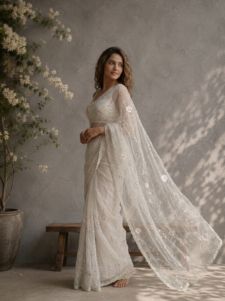Off White Organza Bead Embroidered Saree