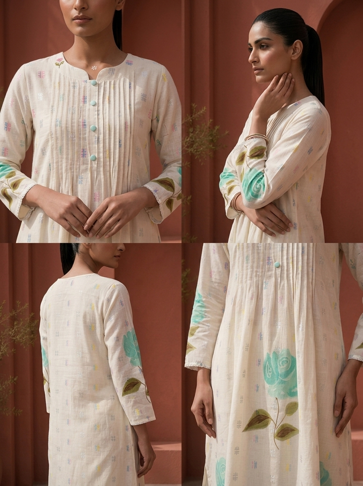 Off White Cotton Hand-Painted Floral Printed Two Piece Set