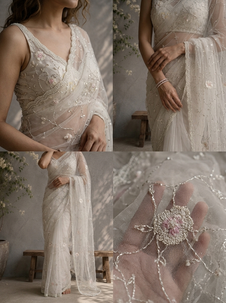 Off White Organza Bead Embroidered Saree
