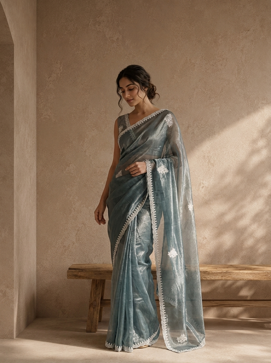 Grey Organza Scattered Embroidered Saree With Lace Border