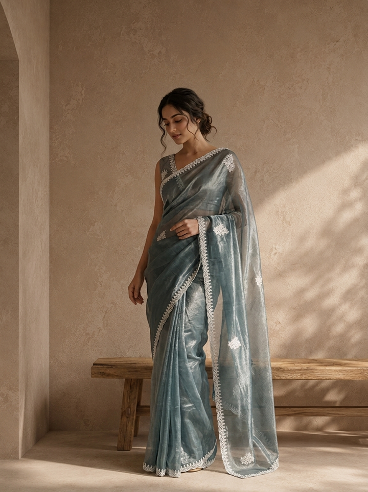 Grey Organza Scattered Embroidered Saree With Lace Border