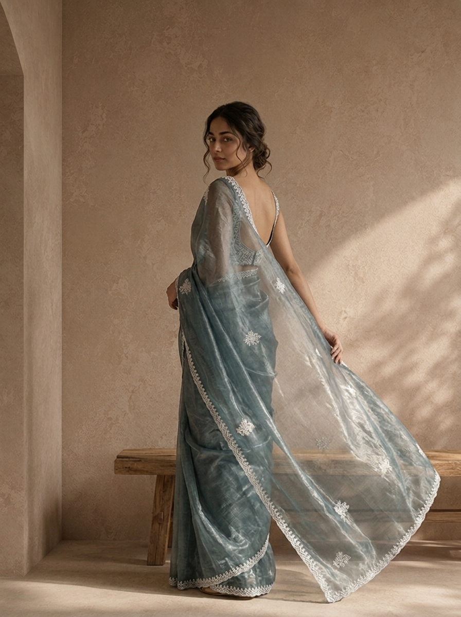 Grey Organza Scattered Embroidered Saree With Lace Border
