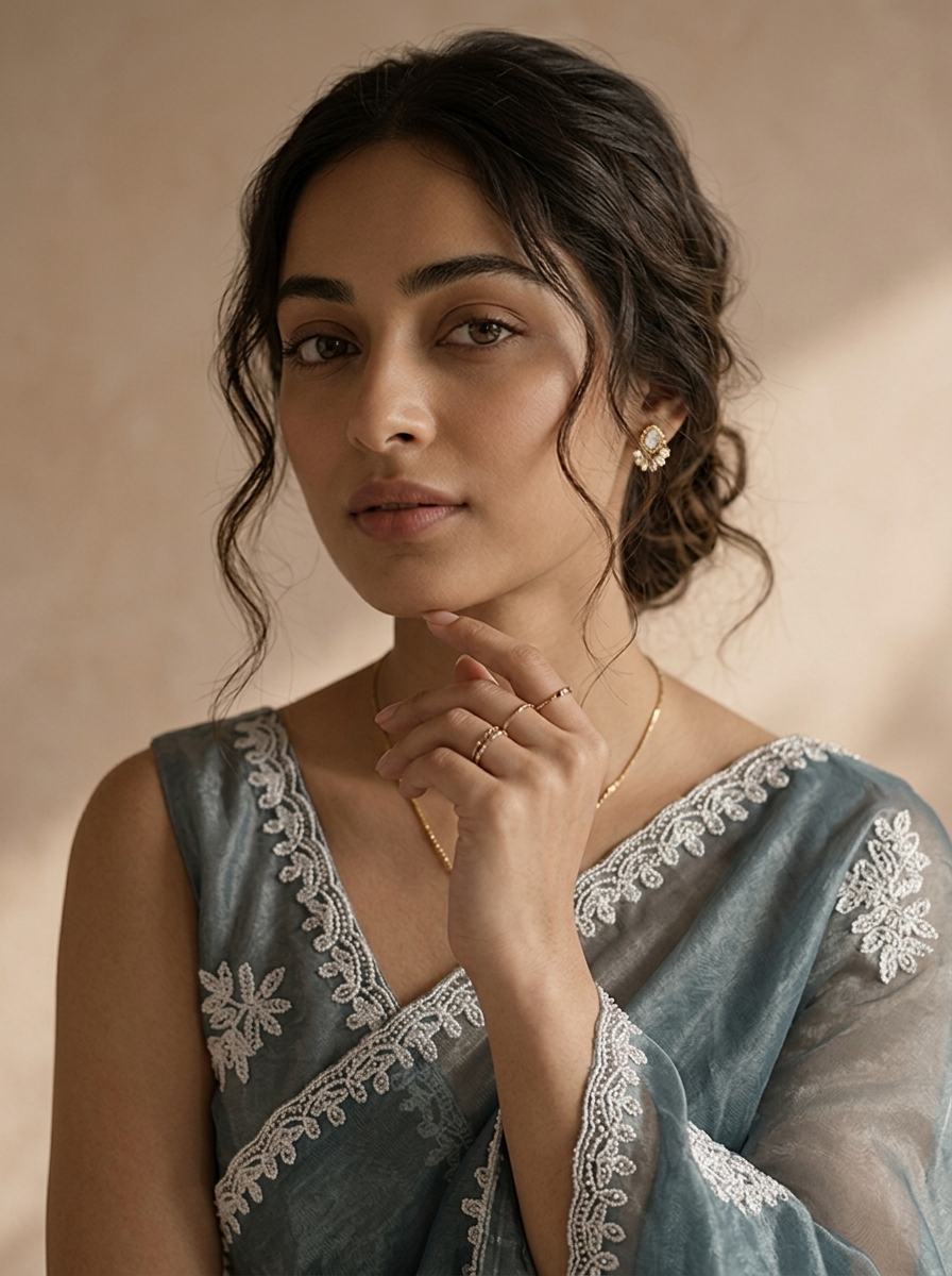 Grey Organza Scattered Embroidered Saree With Lace Border