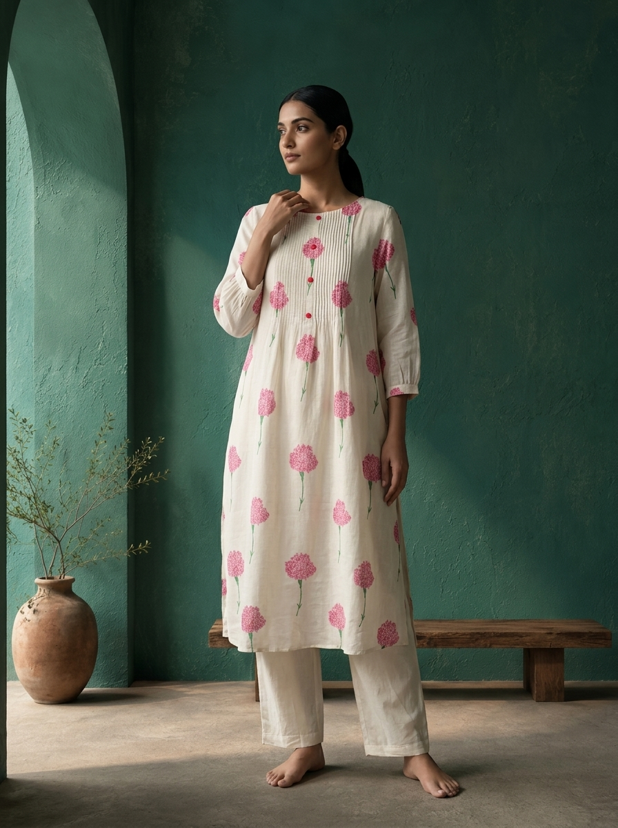 White Cotton Scattered Carnation Printed Two Piece Set