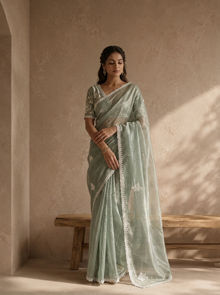 Pista Green Organza Scattered Embroidered Saree With Lace Border