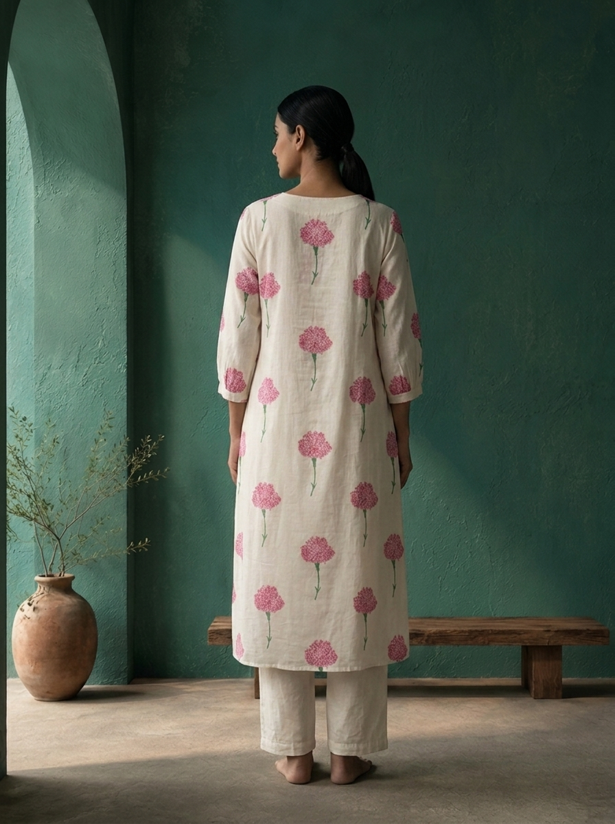 White Cotton Scattered Carnation Printed Two Piece Set