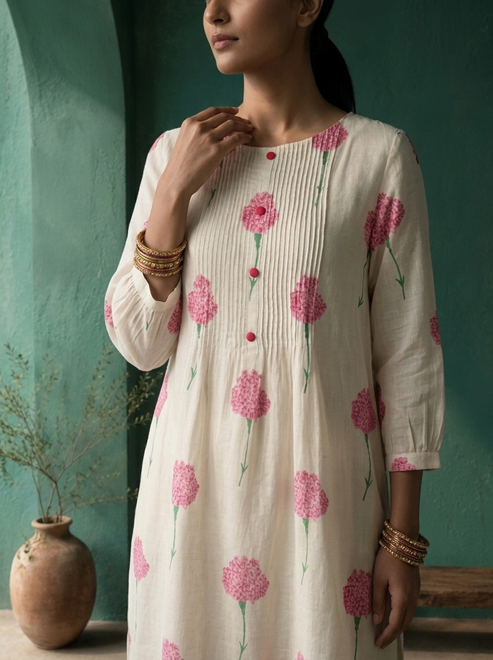 White Cotton Scattered Carnation Printed Two Piece Set