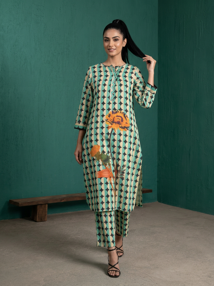 Sea Green Cotton Retro Geometric Printed Two Piece Set