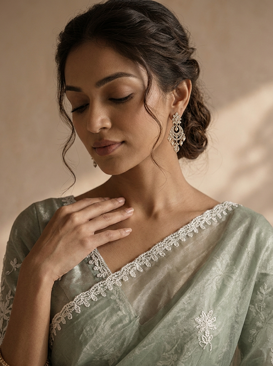 Pista Green Organza Scattered Embroidered Saree With Lace Border