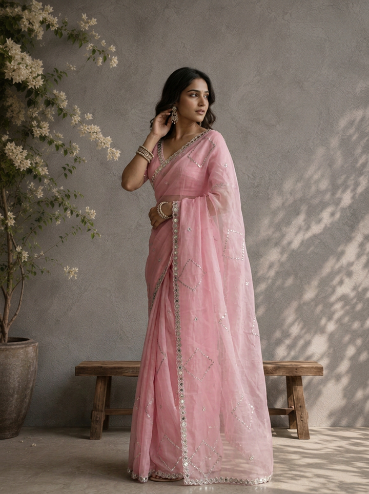 Pink Organza Geometric Jaal Mirror Embroidered Saree