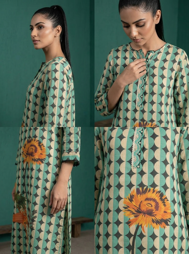 Sea Green Cotton Retro Geometric Printed Two Piece Set