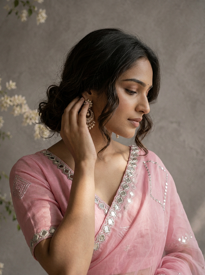 Pink Organza Geometric Jaal Mirror Embroidered Saree