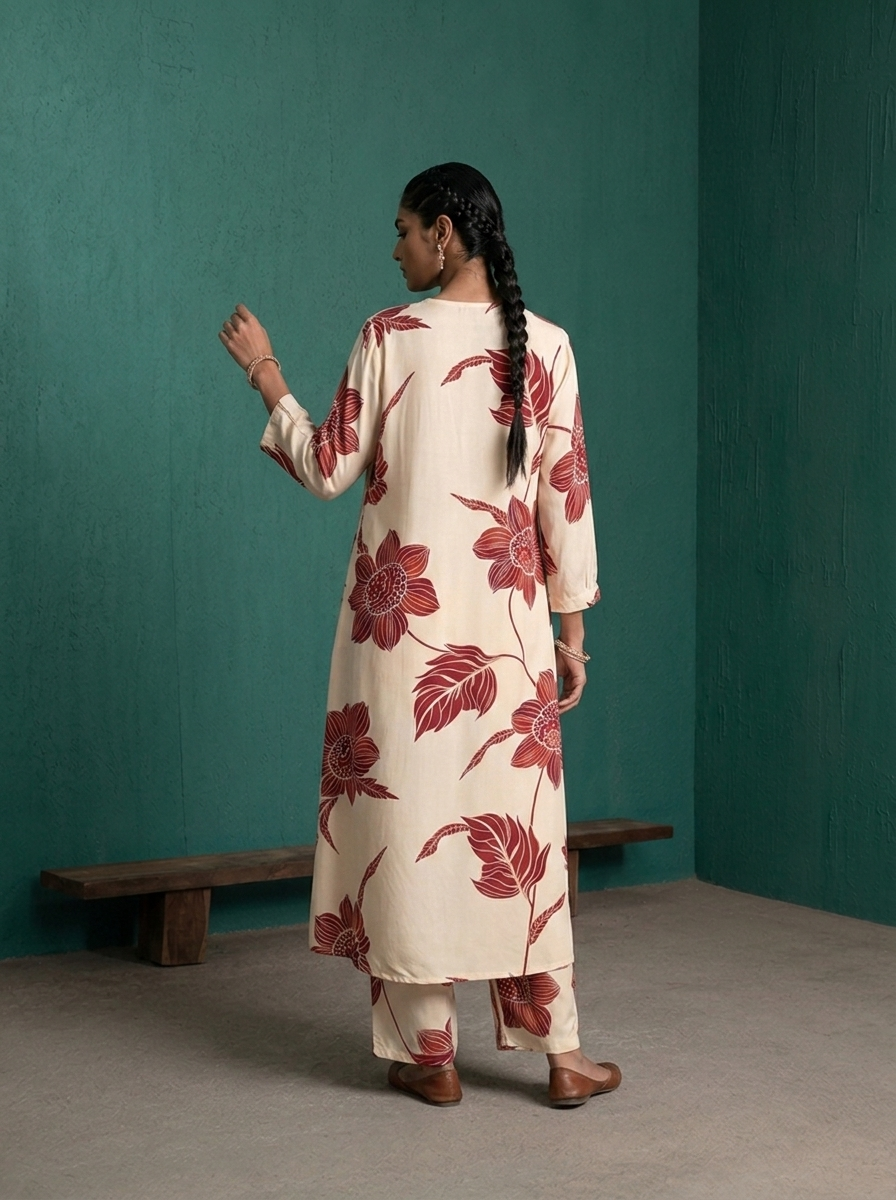 Maroon Rayon Large Botanical Floral Printed Two Piece Set