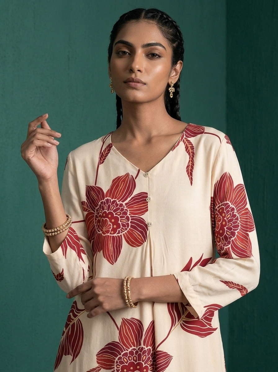 Maroon Rayon Large Botanical Floral Printed Two Piece Set