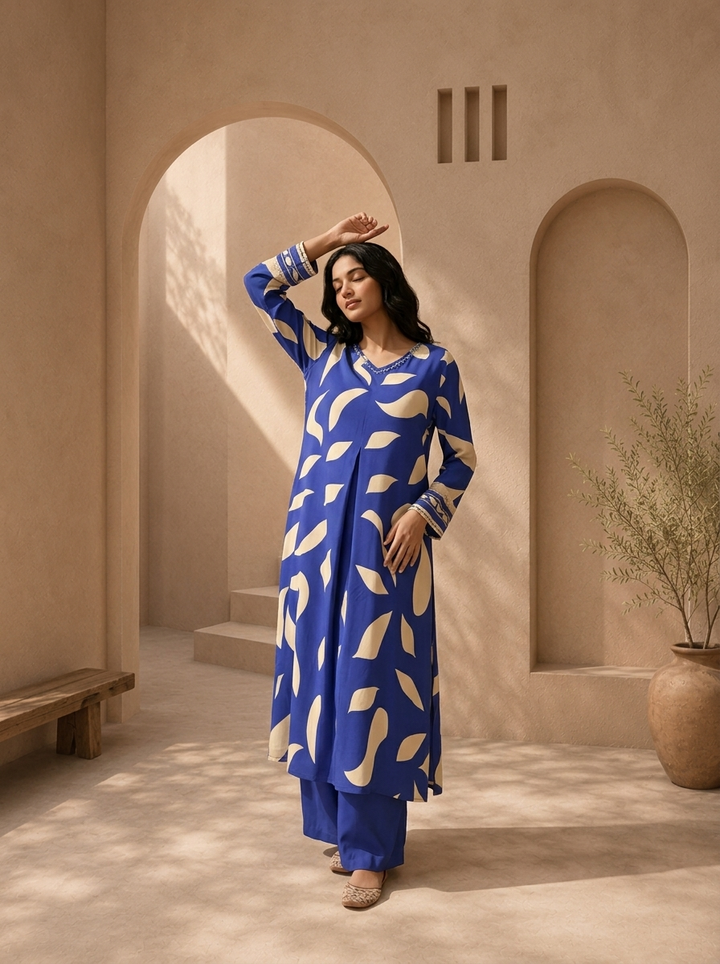 Royal Blue Rayon Abstract Leaf Printed Two Piece Set