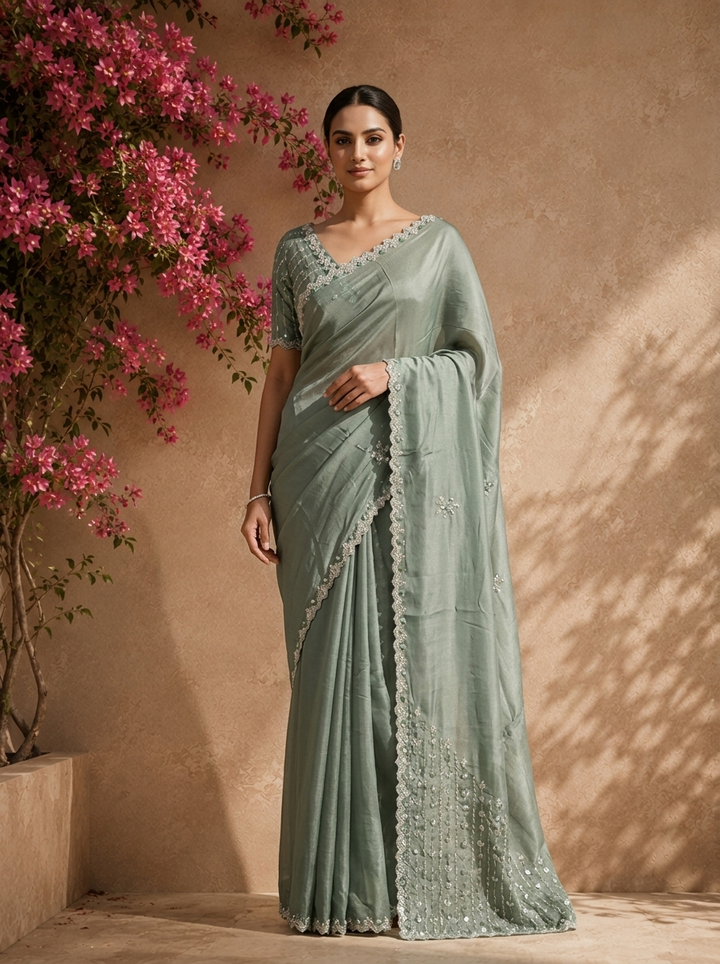 Olive Organza Scattered Stone Embroidered Saree With Scallop Border