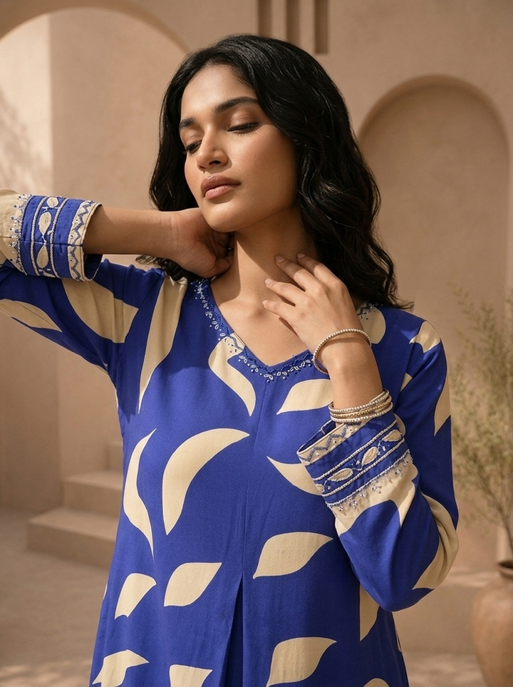 Royal Blue Rayon Abstract Leaf Printed Two Piece Set