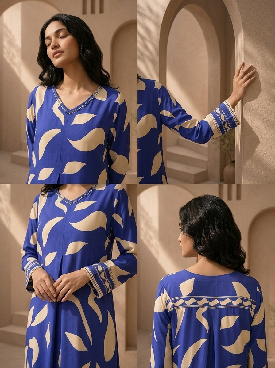 Royal Blue Rayon Abstract Leaf Printed Two Piece Set