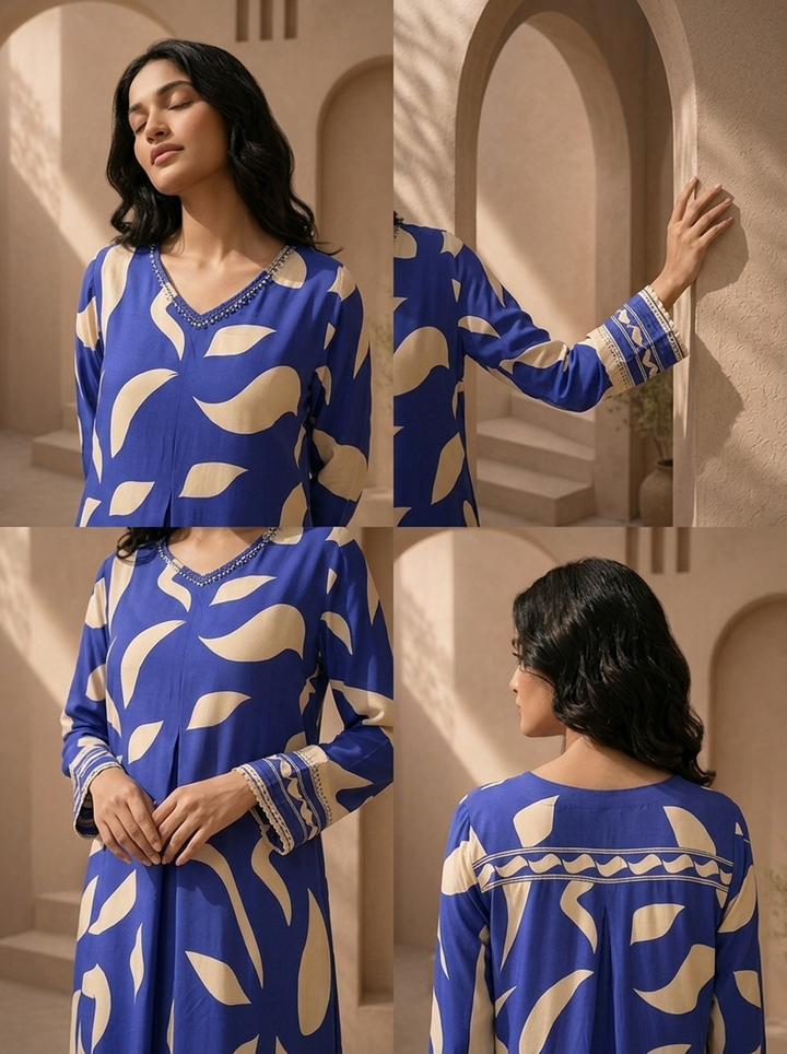 Royal Blue Rayon Abstract Leaf Printed Two Piece Set
