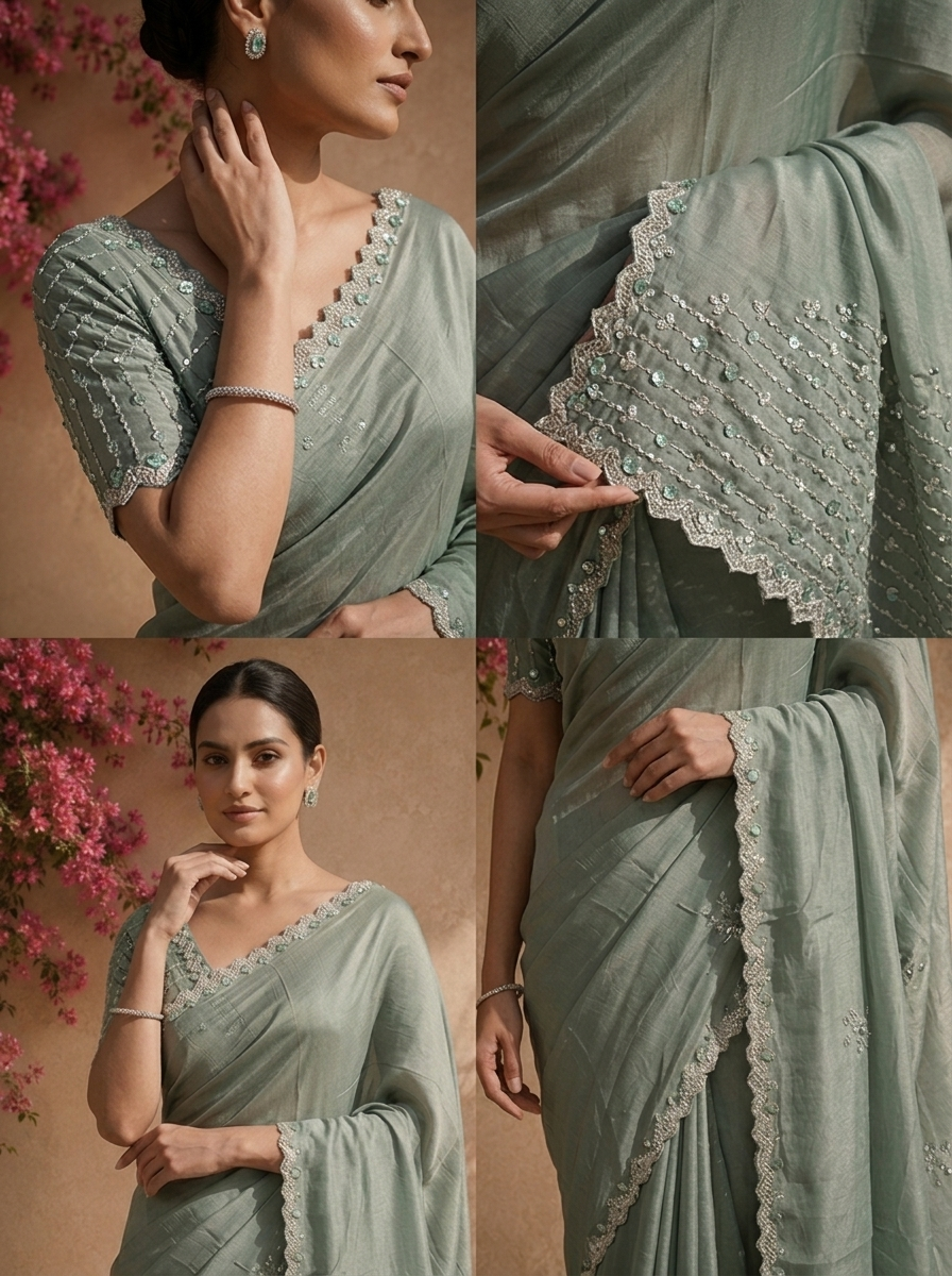 Olive Organza Scattered Stone Embroidered Saree With Scallop Border