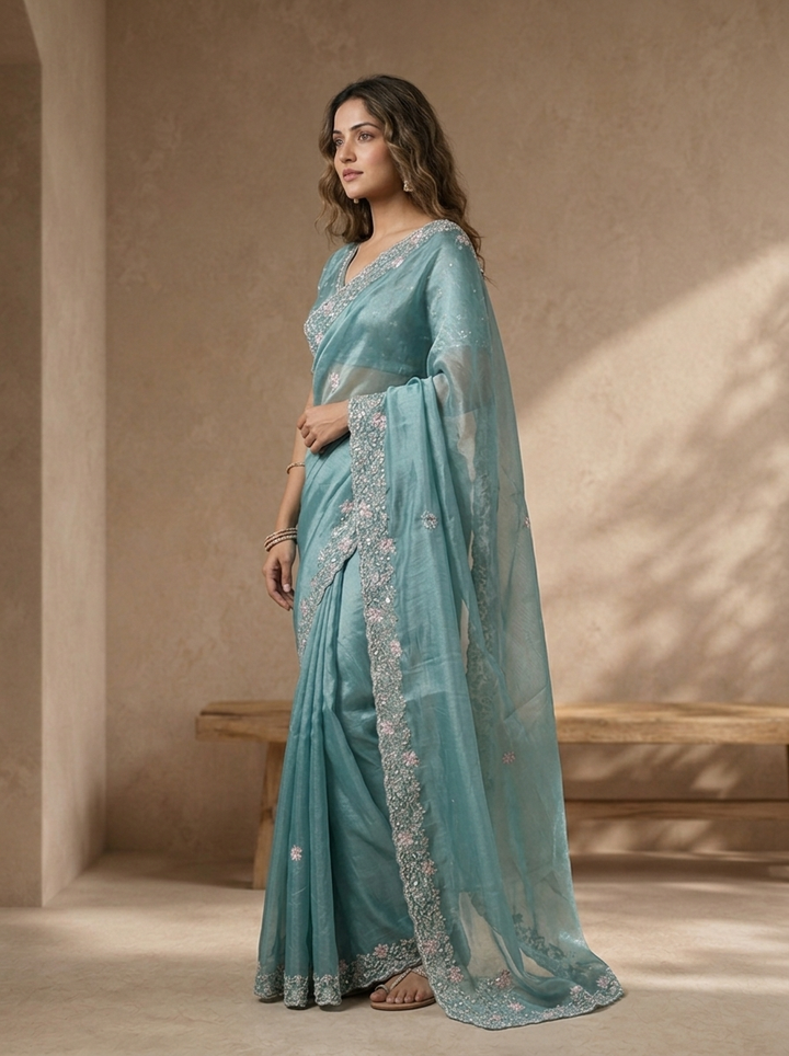 Sea Green Organza Scattered Floral Buti Embroidered Saree