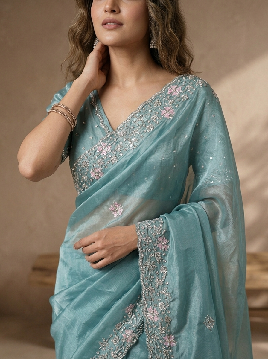 Sea Green Organza Scattered Floral Buti Embroidered Saree
