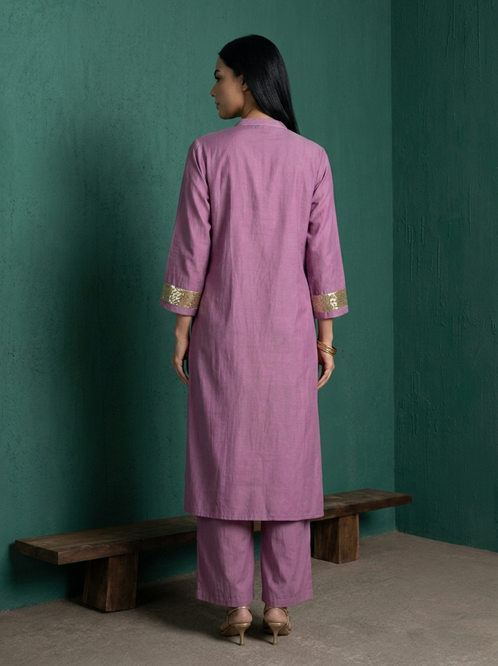Lilac Muslin Solid With Gold Sequin Two Piece Set