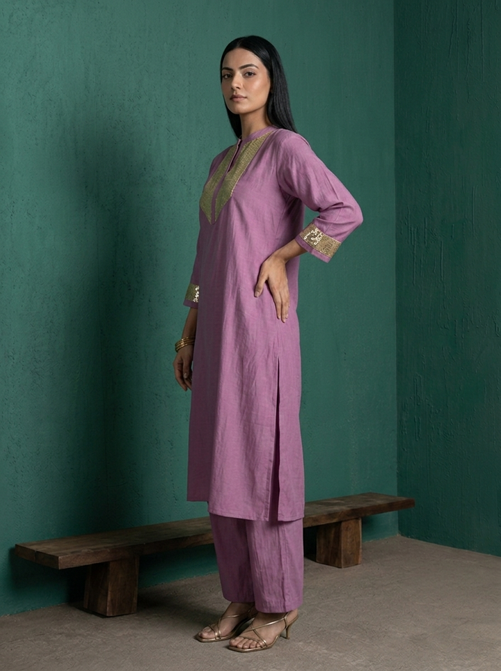 Lilac Muslin Solid With Gold Sequin Two Piece Set