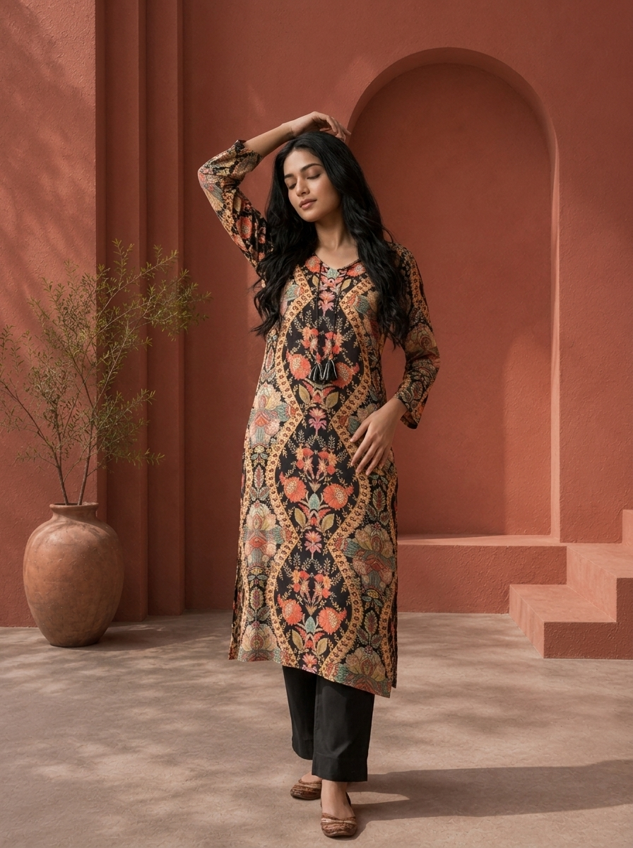 Black Muslin Multi Mughal Jaal Printed Two Piece Set