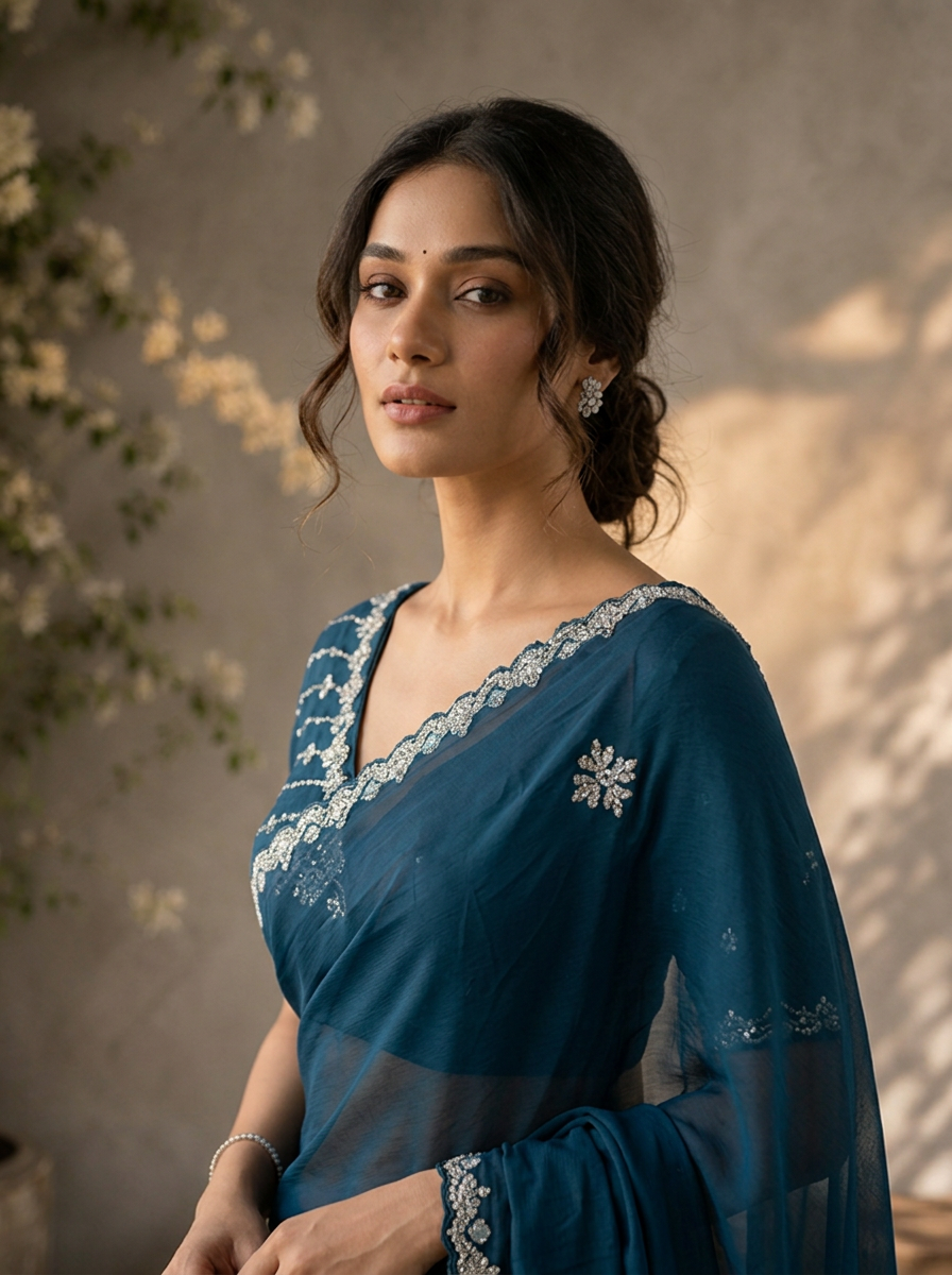 Peacock Organza Scattered Bead Embroidered Saree