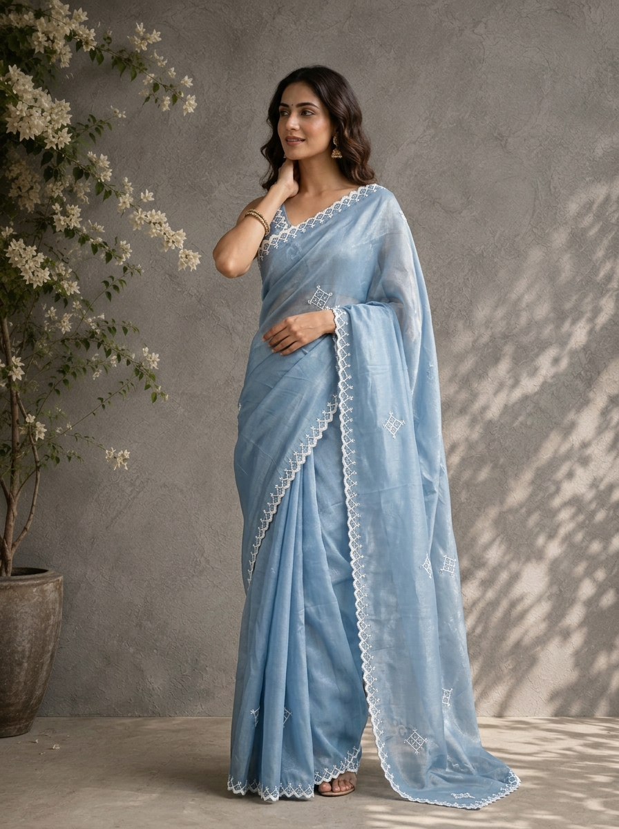 Grey Organza Geometric Thread Embroidered Saree