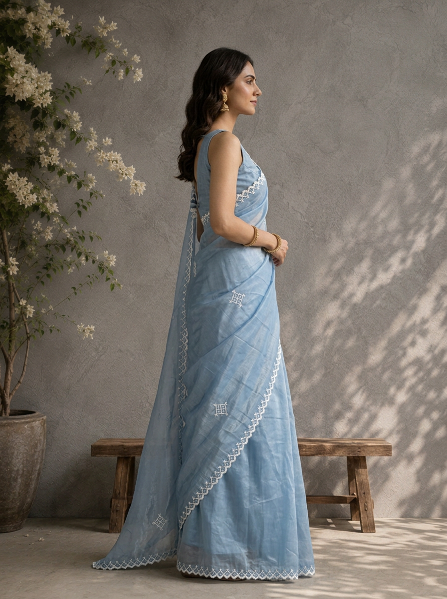 Grey Organza Geometric Thread Embroidered Saree