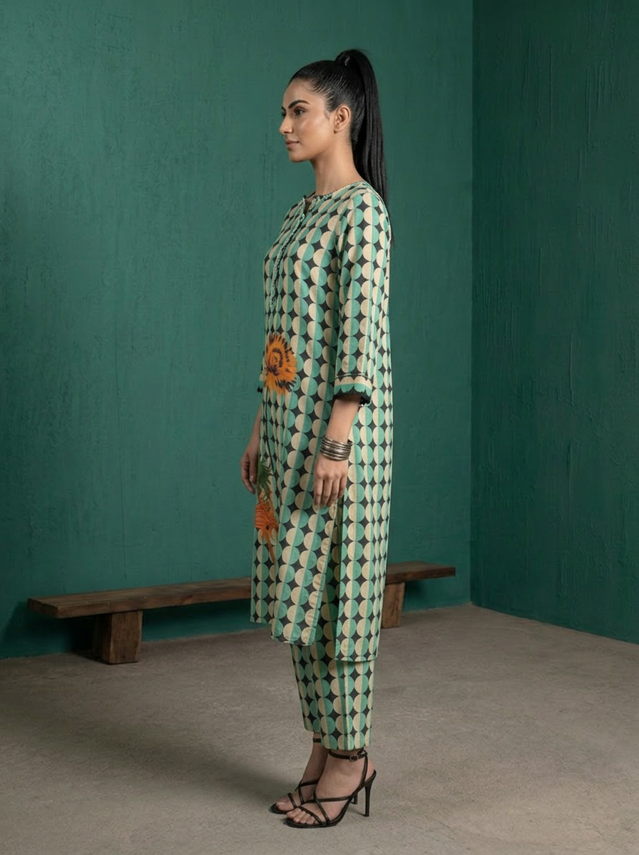 Sea Green Cotton Retro Geometric Printed Two Piece Set